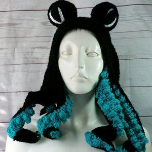 Crochet Black and Turquoise Octopus Hat Adult Size